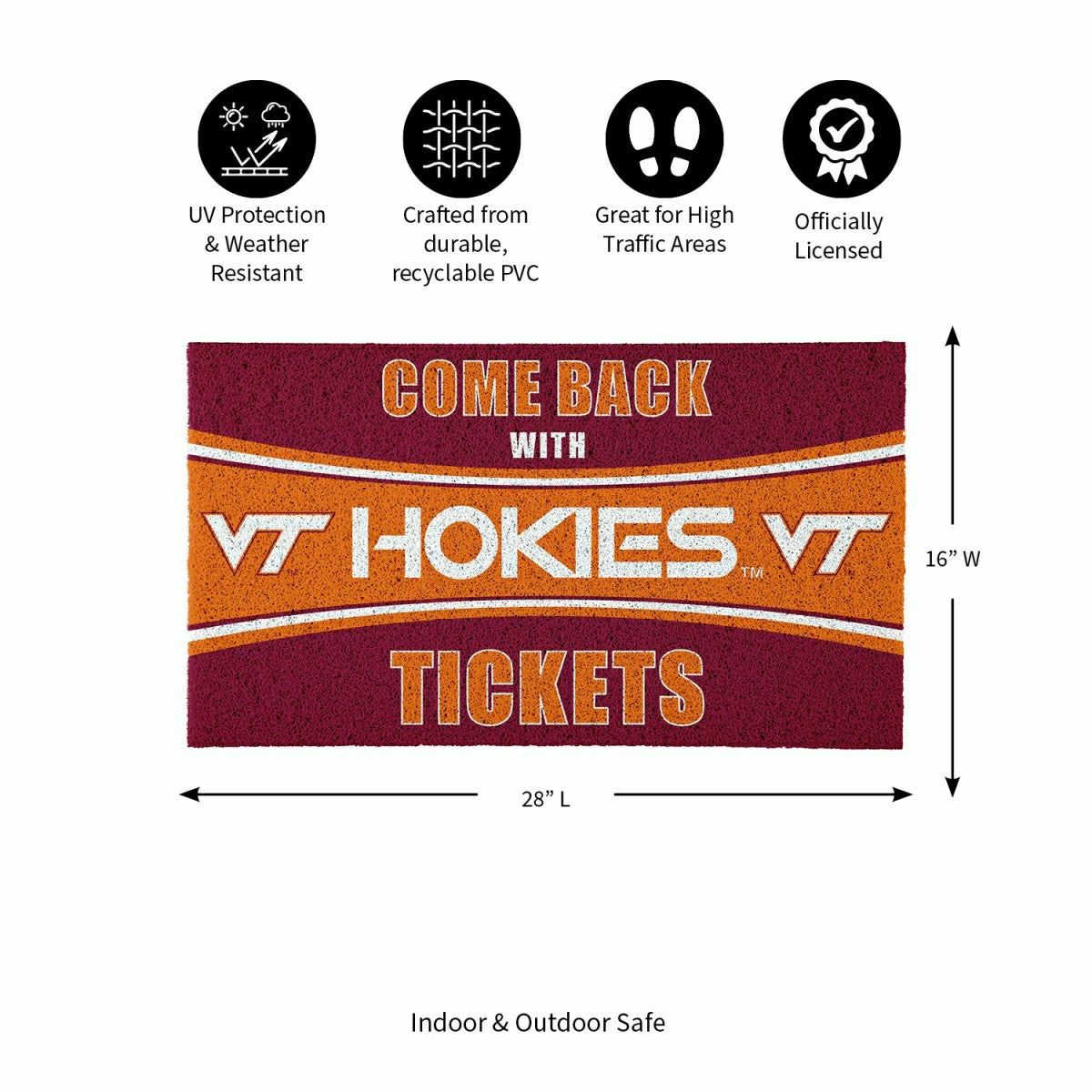28" x 16" PVC Trapper Mat, Come Back with Tickets, Virginia Tech