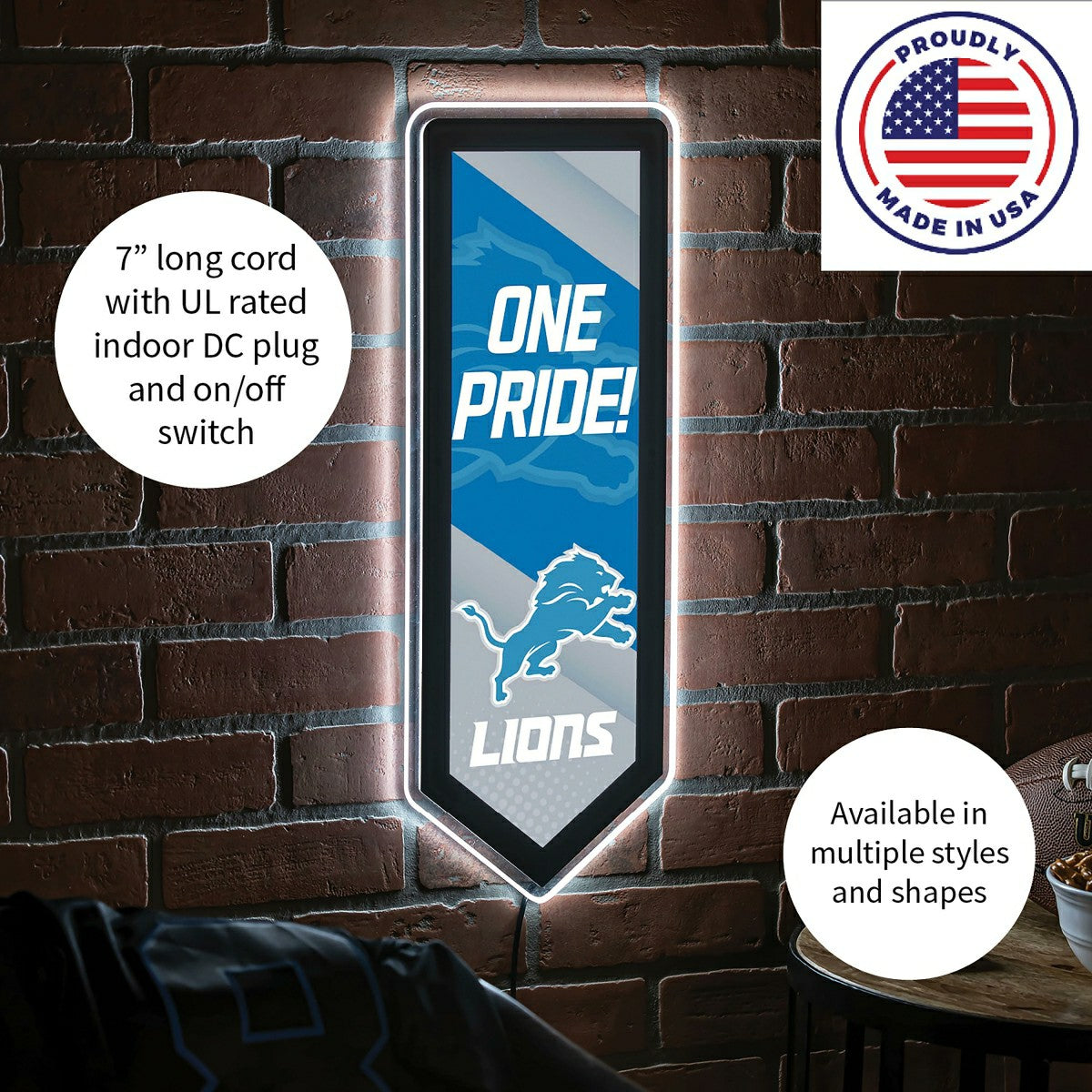 LED Wall Decor, Pennant, Detroit Lions