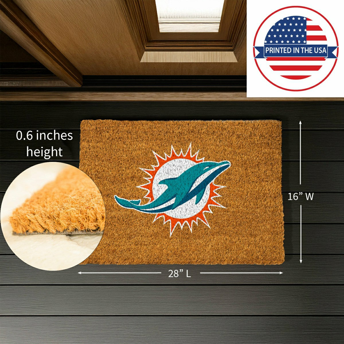 Coir Mat, 16"x28", Miami Dolphins