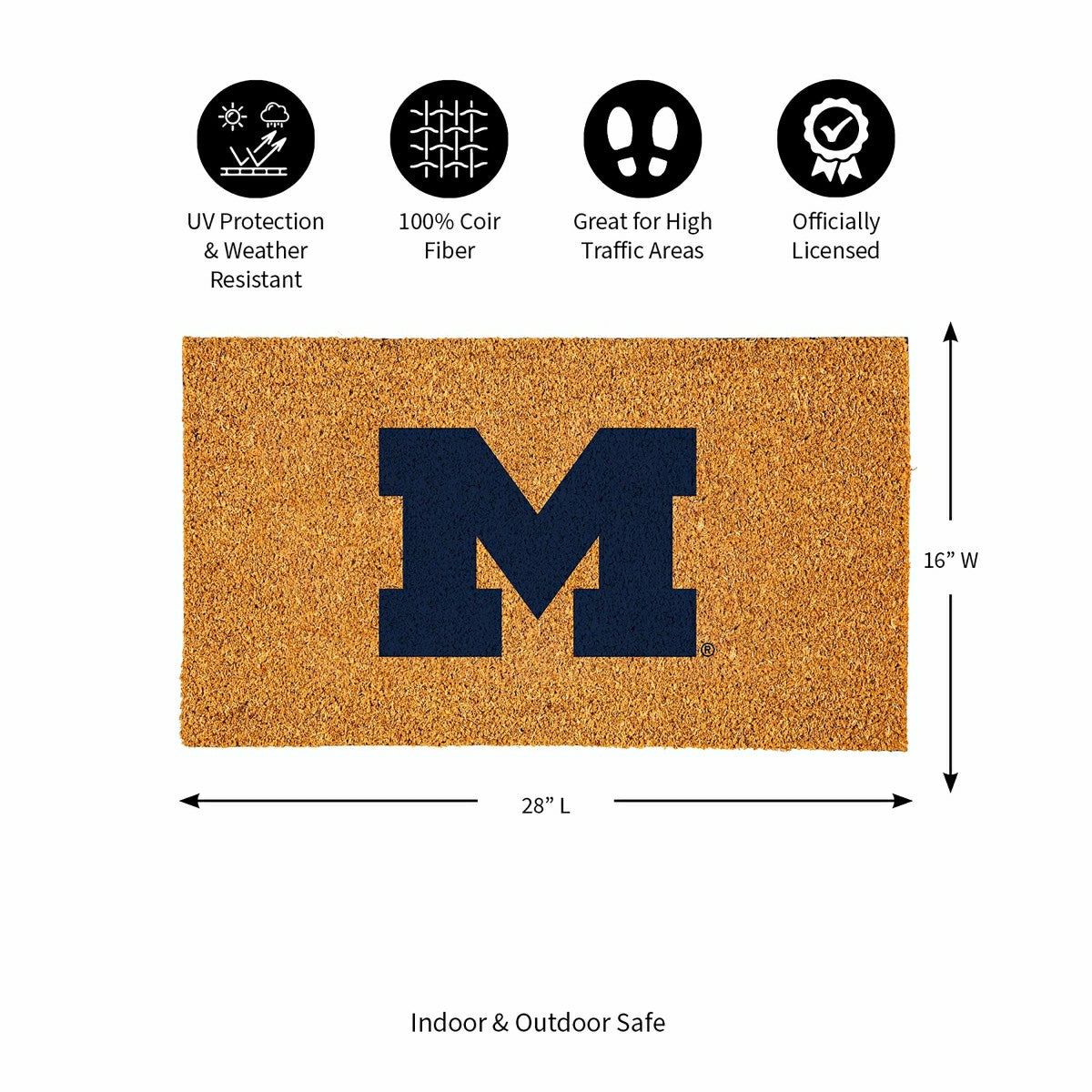 Coir Mat, 16"x28", University Of Michigan