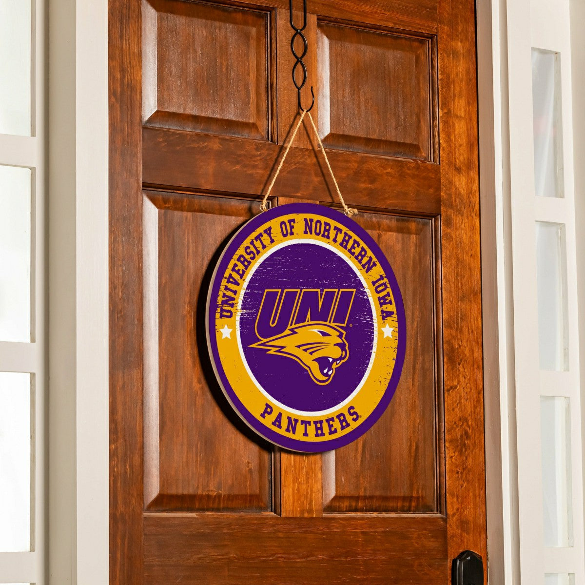 University of Northern Iowa Round Door Décor with Hanging Rope, 18x18