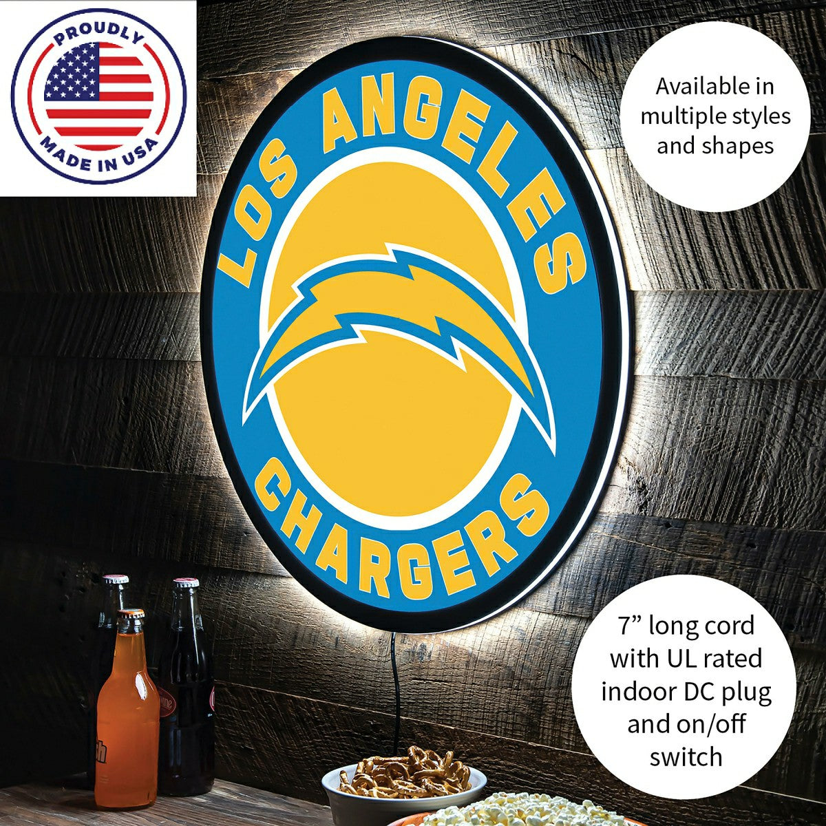 LED Wall Decor, Round, Los Angeles Chargers